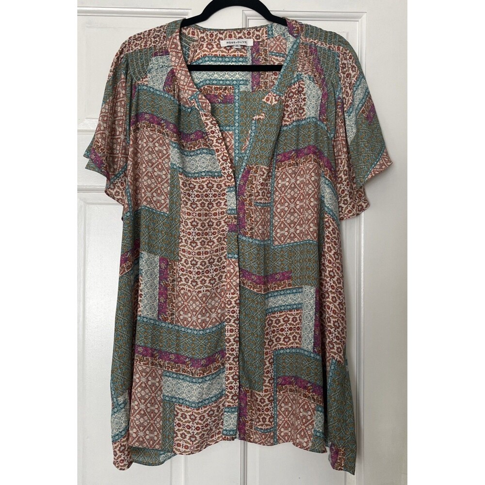 Rose & Olive Button Up Shirt Womens 3X Multicolor Patchwork Boho Lightweight Top